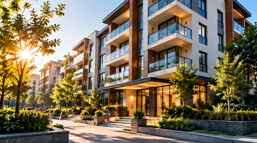 Modern bir apartmanın aydınlık dış cephesi ve peyzaj düzeni